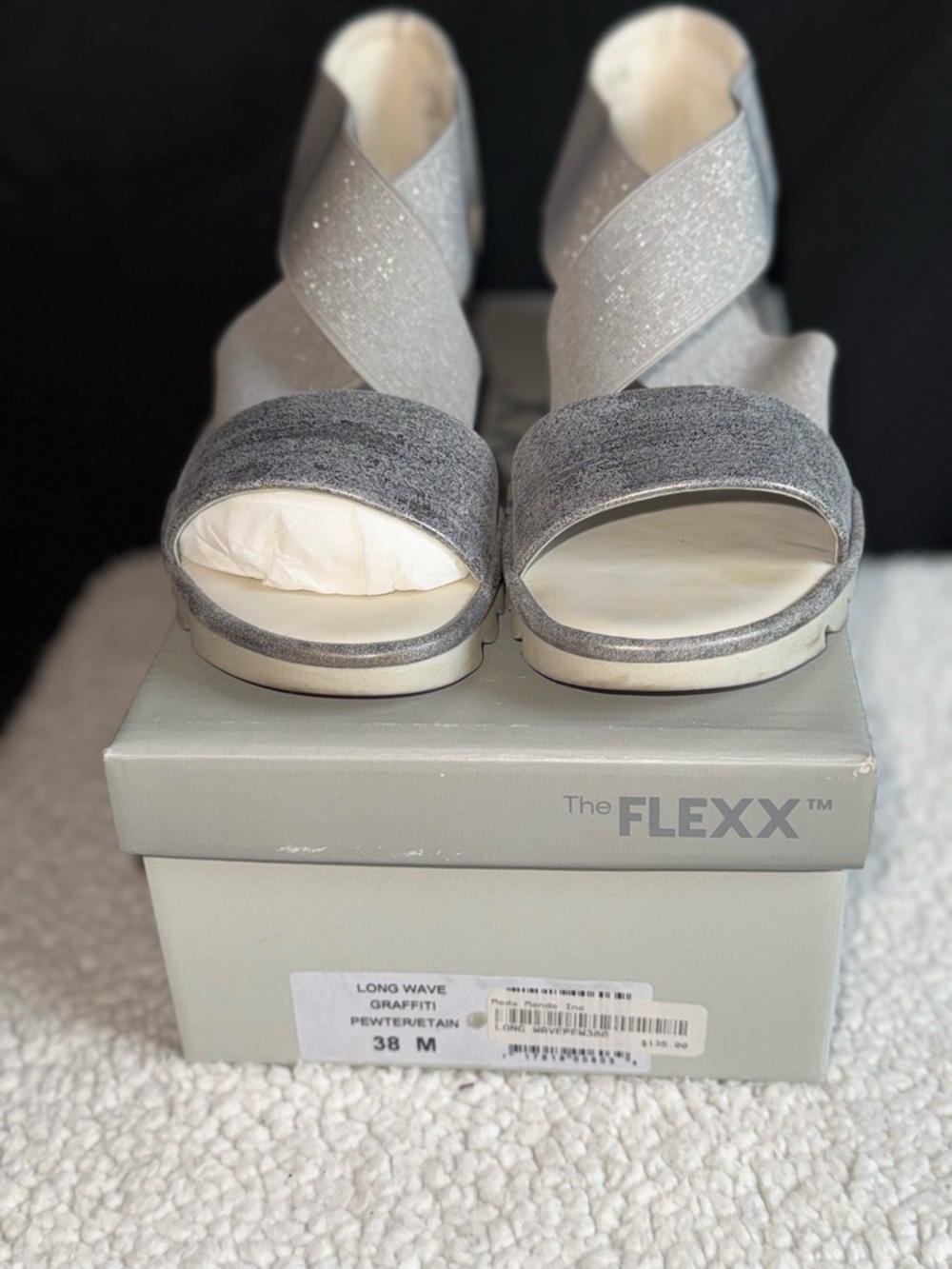 THE FLEXX Pewter Gray Crisscross Wedge Sandals